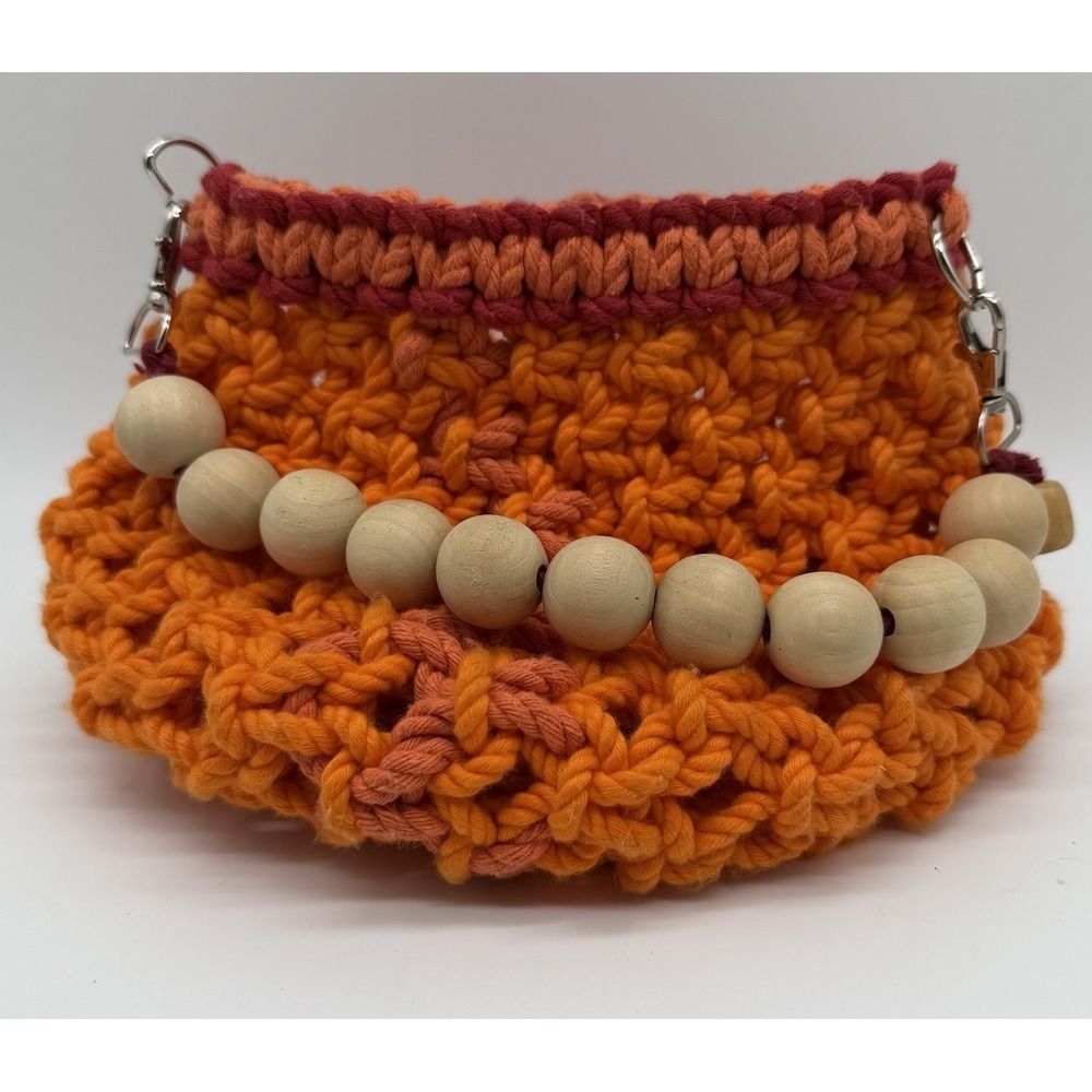 Vtg Orange Crouchet Purse & Strap With Wooden Bead Handle Retro 60's Inspired